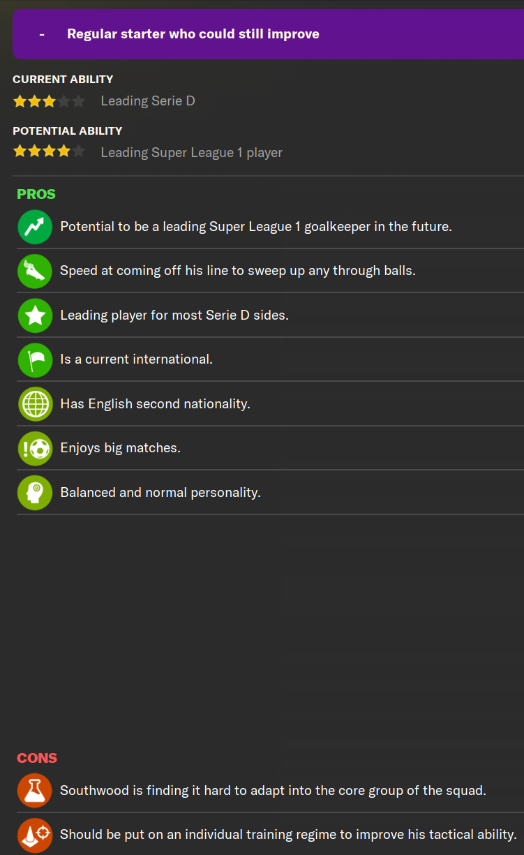 Luke Southwood Goalkeeper Coach Report Football Manager 2024