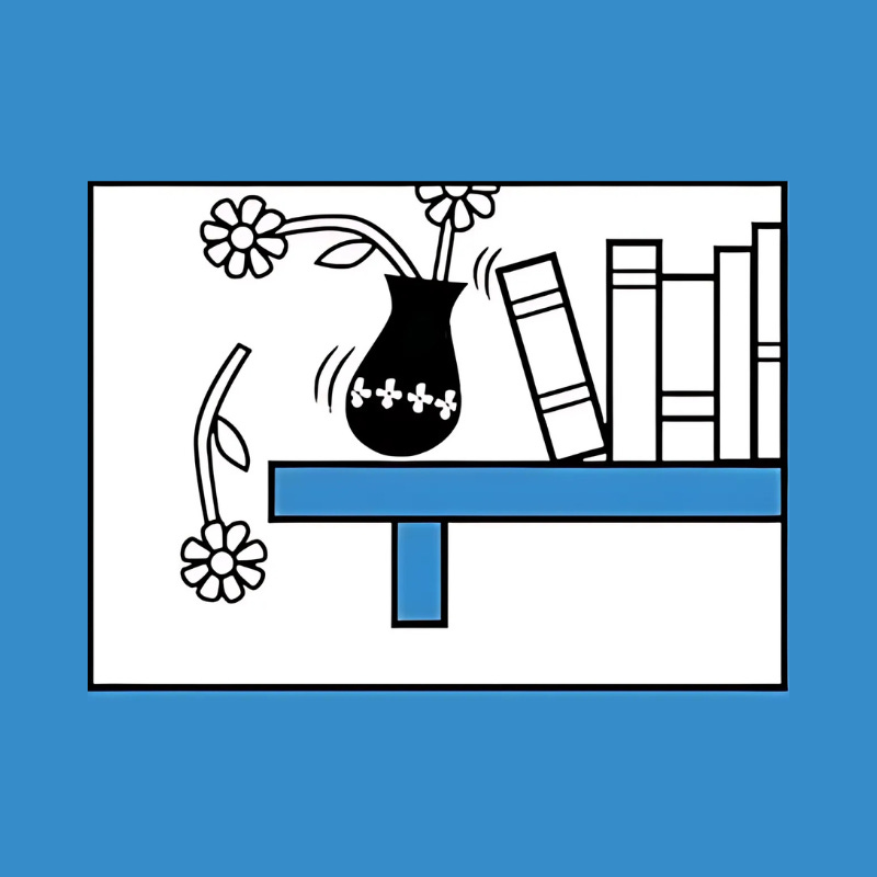 Illustration of a bookshelf shaking with motion lines, a black flower vase wobbling as a flower falls, and books tipping. The scene suggests something banging on the wall behind it. Blue border surrounds the white background.