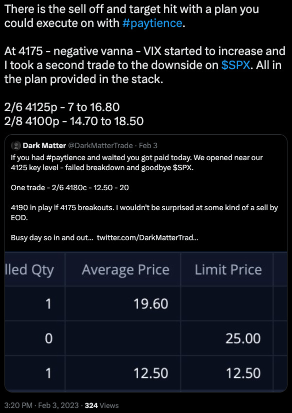 Tweet from 2/3 recapping 2 successful green trades on SPX Options