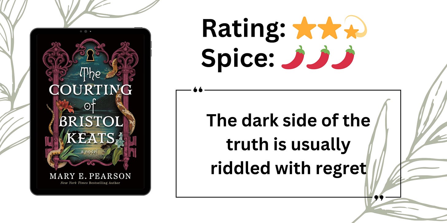 Graphic made by author using Canva. Shows books cover, rating of 2.5 stars, and spice rating of 3 peppers with the quote "the dark side of the truth is usually riddled with regret."