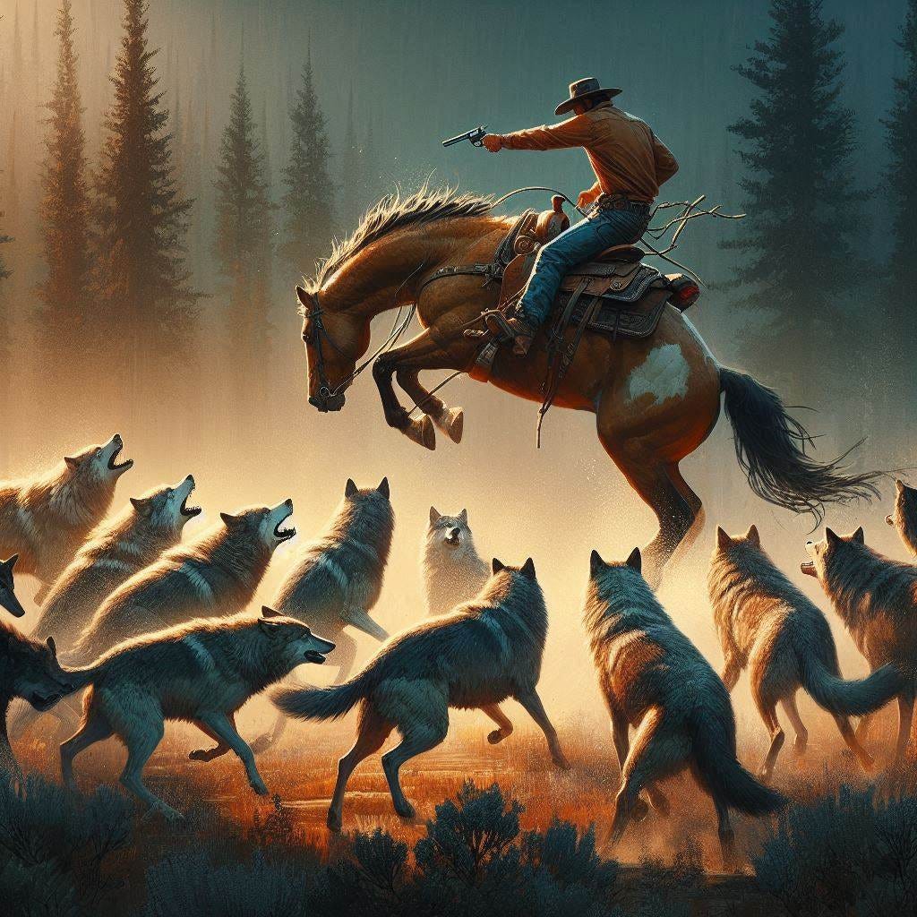 lone man riding the back of a bucking horse while trying to shoot at a pack of wolves clustering around