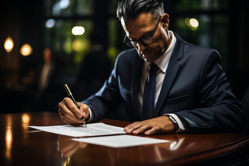 A photo of a person signing legal documents related to intellectual property rights, with a focus on their hand holding a pen, emphasizing the importance of legal protection and ownership in safeguarding intellectual property, using a high-resolution DSLR camera and natural lighting. --ar 3:2 --v 5.2 