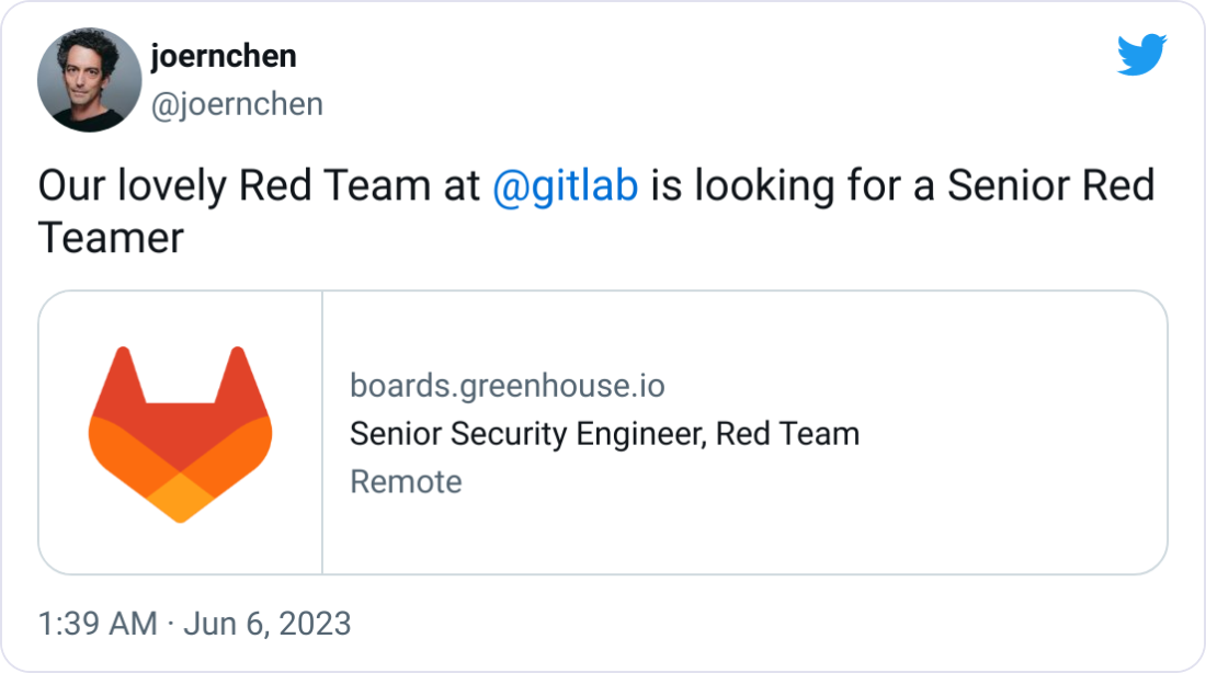  joernchen @joernchen Our lovely Red Team at  @gitlab  is looking for a Senior Red Teamer
