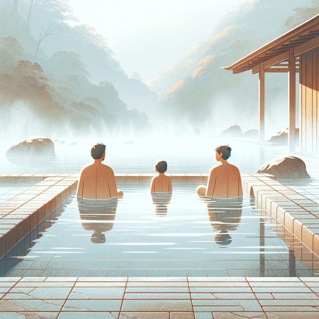 A minimalist, serene illustration depicting two men and a boy enjoying a tranquil moment in an onsen bath. The scene is captured with stick figures to emphasize simplicity and the peaceful atmosphere of the setting. The onsen is surrounded by hints of nature, suggesting a remote and serene location. The water's steam gently rises, adding to the calm and relaxing vibe of the illustration. The figures are shown sitting comfortably in the warm water, embodying the joy and relaxation that comes with the onsen experience.
