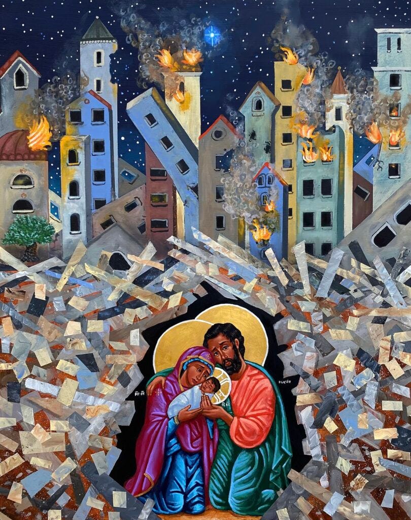 An artistic rendering of the Holy Family amid the rubble of Gaza