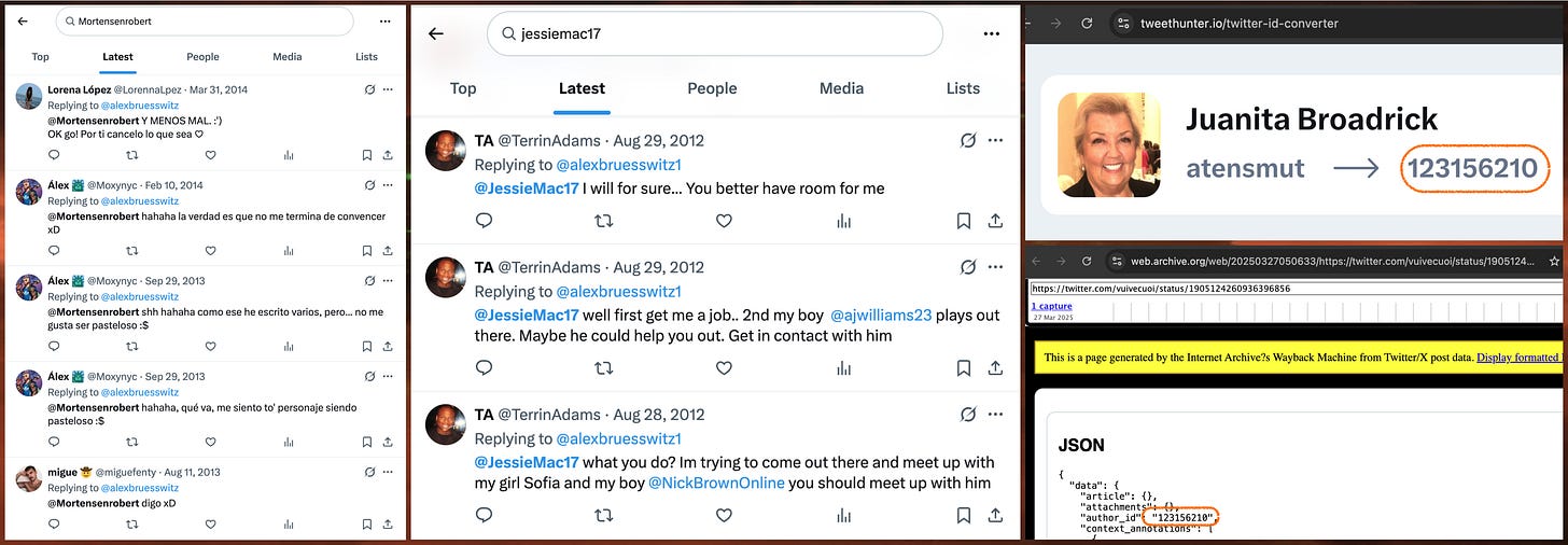 screenshots of search results indicating @alexbruesswitz1 was once named @JessieMac17, @ alexbruesswitz was once named @Mortensenrobert, and Wayback Machine archive indicating that @atensmut was once named @vuivecuoi