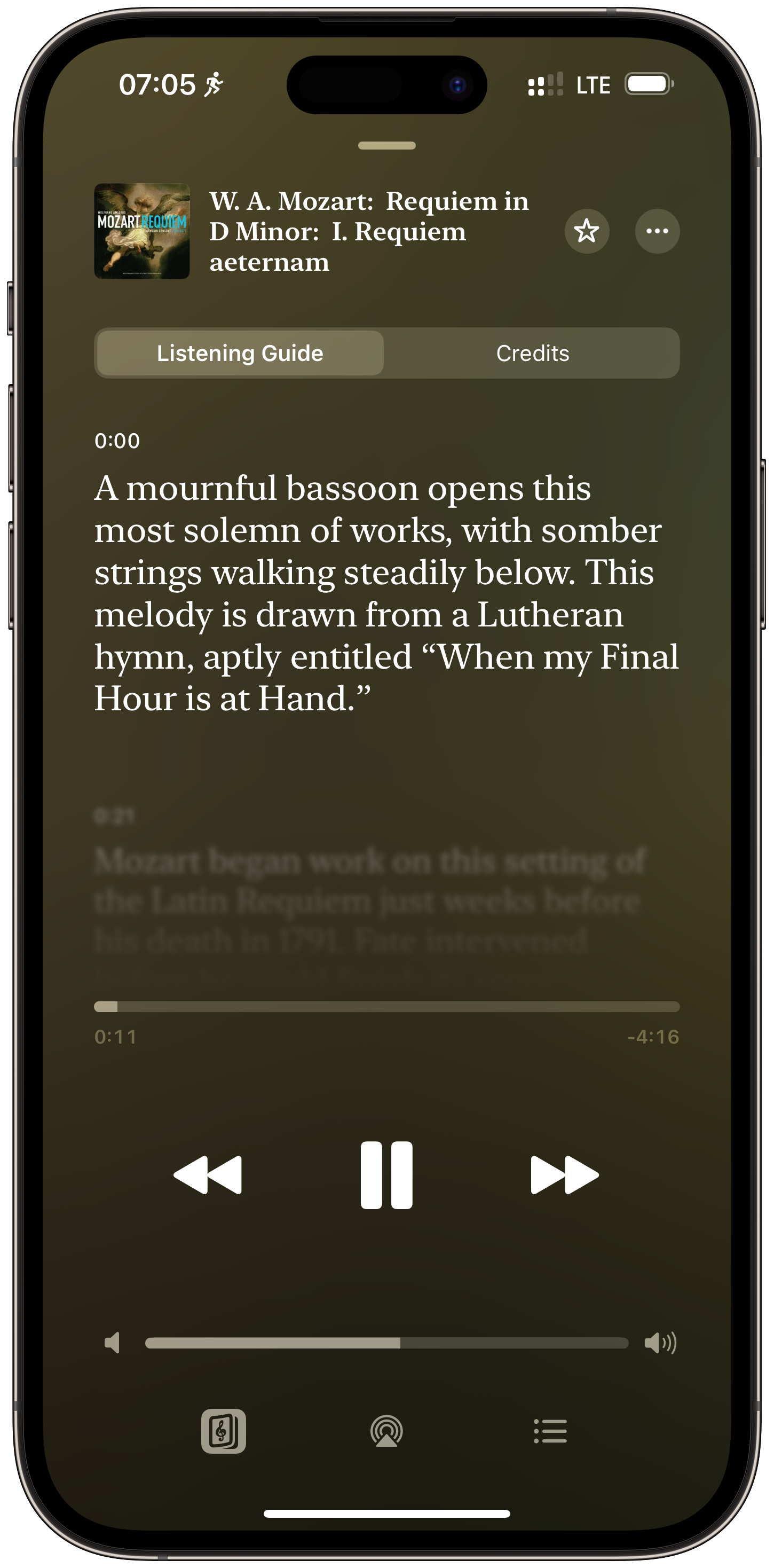 Screenshot of a classical music app playing Mozart’s Requiem in D Minor: I. Requiem aeternam, showing a listening guide describing the piece’s opening with a mournful bassoon and somber strings. 