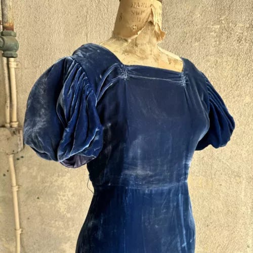 Vintage 1930s Blue Silk Velvet Art Deco Dress Maxi Puff Sleeves Open Back Gown - Picture 1 of 22