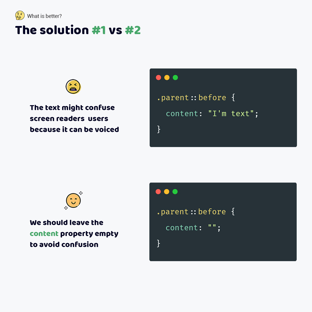 The wrong code shows defining the content property with the text I'm text. The correct code shows defining the empty value for the content property