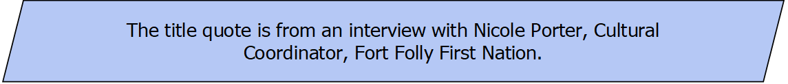 The title quote is from an interview with Nicole Porter, Cultural Coordinator, Fort Folly First Nation.