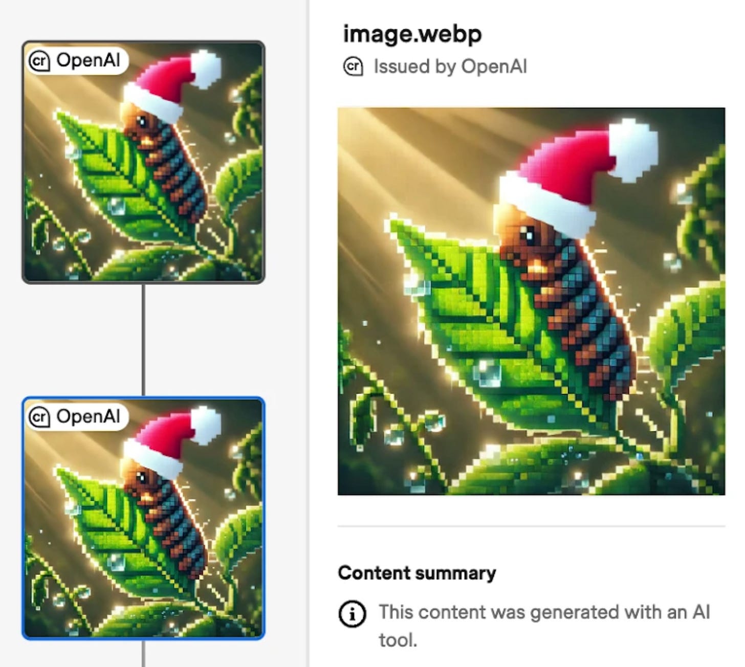 OpenAI's image generator detection tool featuring a picture of a caterpillar in a Santa hat and a notice that it was generated with an AI tool.