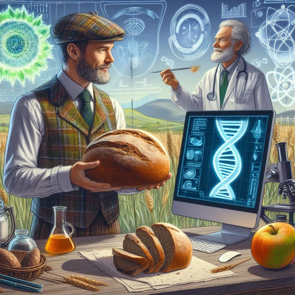 scottish man holding freshly-baked bread with a scientist holding ancient wheat DNA on a computer monitor, solarpunk drawing