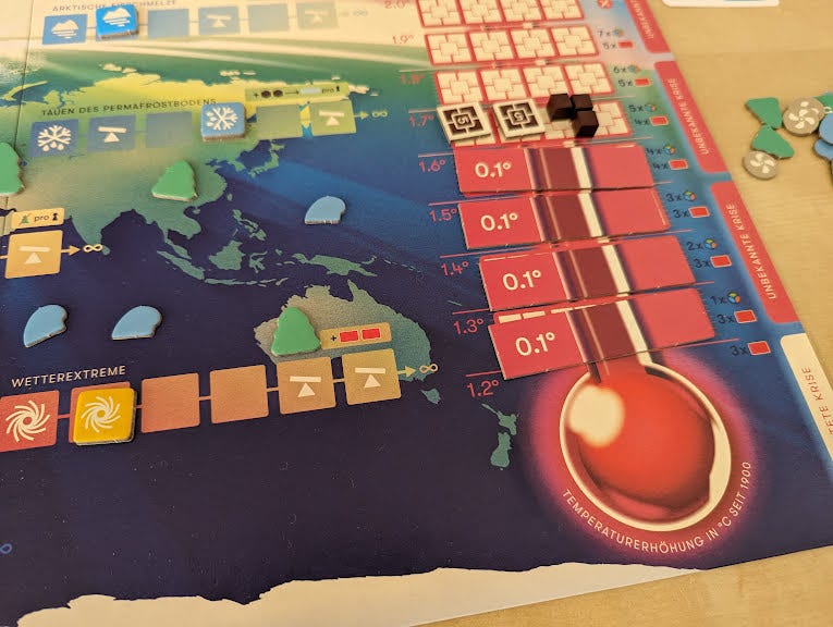 Das Bild zeigt einen Ausschnitt des Spielbretts. Darauf ist eine Weltkarte und ein Thermometer zu sehen. Auf dem Thermometer wird mit Plättchen CO2 und der weitere Temperaturanstieg gezeigt.