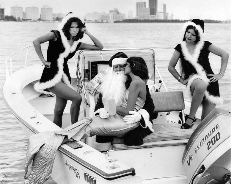 Santa Claus enjoying a nice afternoon on Biscayne Bay after a long night of delivering presents in the 1970s. Courtesy of the City of Miami Department of Tourism.