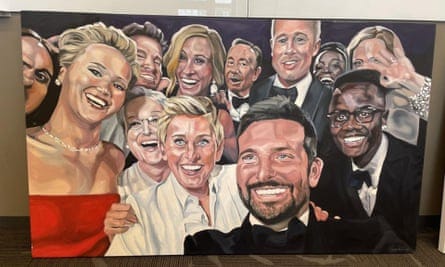 An oil painting derived from a group selfie featuring numerous Hollywood stars crowded into the frame