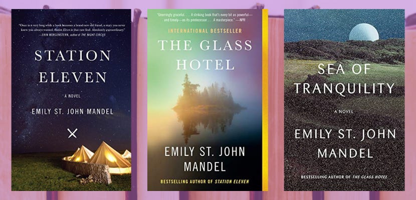 Collage of book covers over a purple tinted background of books, all by Emily St. John Mandel: Station Eleven, The Glass Hotel, and Sea of Tranquility