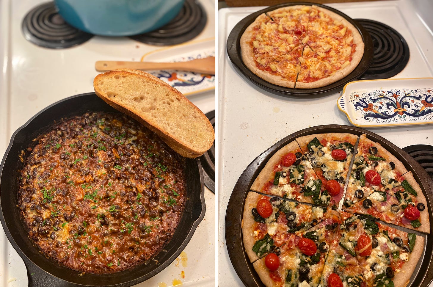Left image: a cast iron pan of black beans with cheese and parsley on top, and two slices of sourdough at the edge of the pan. Right image: two pans of pizza on top of the stove, one with ham & pineapple, the other with kale, tomato, and olives. 