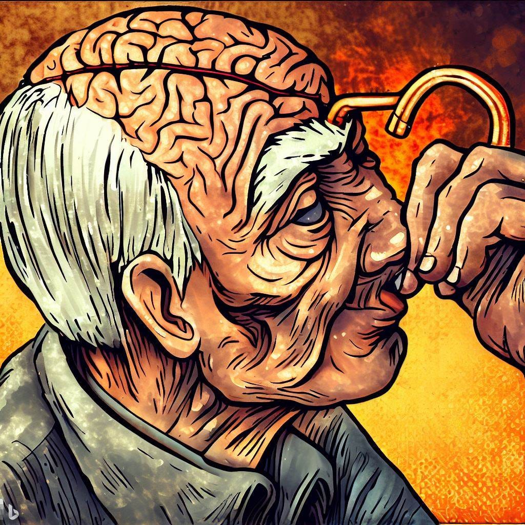 A old man drinking from a straw that is sticked into his brain. Satire, political  cartoon, 