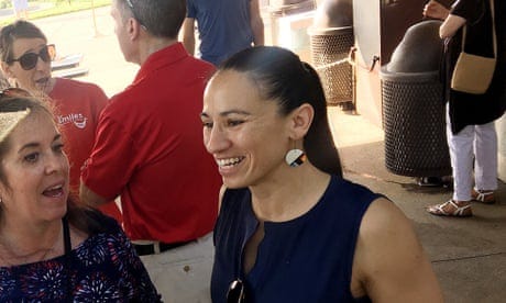 Sharice Davids, a Democrat running for Congress in Kansas, talks to supporters at a July 4 event in Prairie Village. (Photo by David Weigel/The Washington Post via Getty Images)