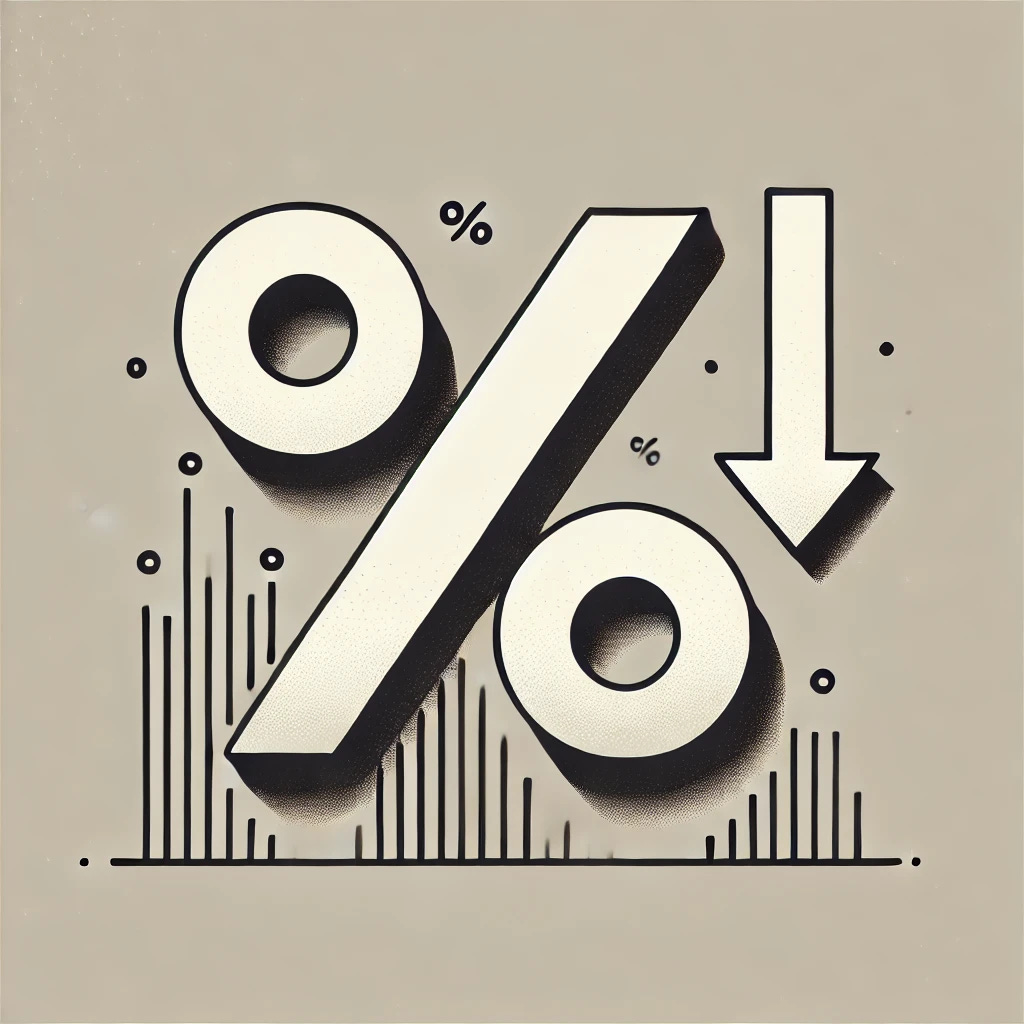 A minimalist graphic representing the idea of more interest rate cuts. The image features a large percentage symbol in the center, with an arrow pointing downward next to it, symbolizing interest rates being cut. The design is simple, with a clean background and no text, focusing on the percentage symbol and arrow to clearly convey the concept of rate cuts.