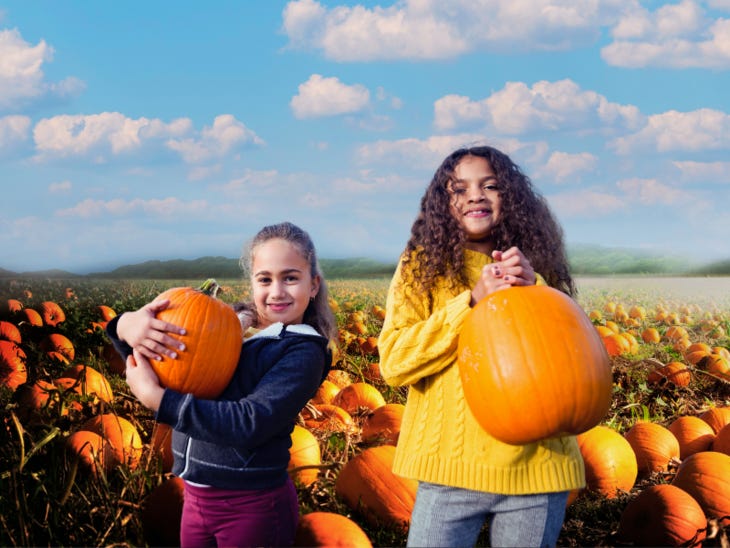 Two young girls on a pumpkin patch