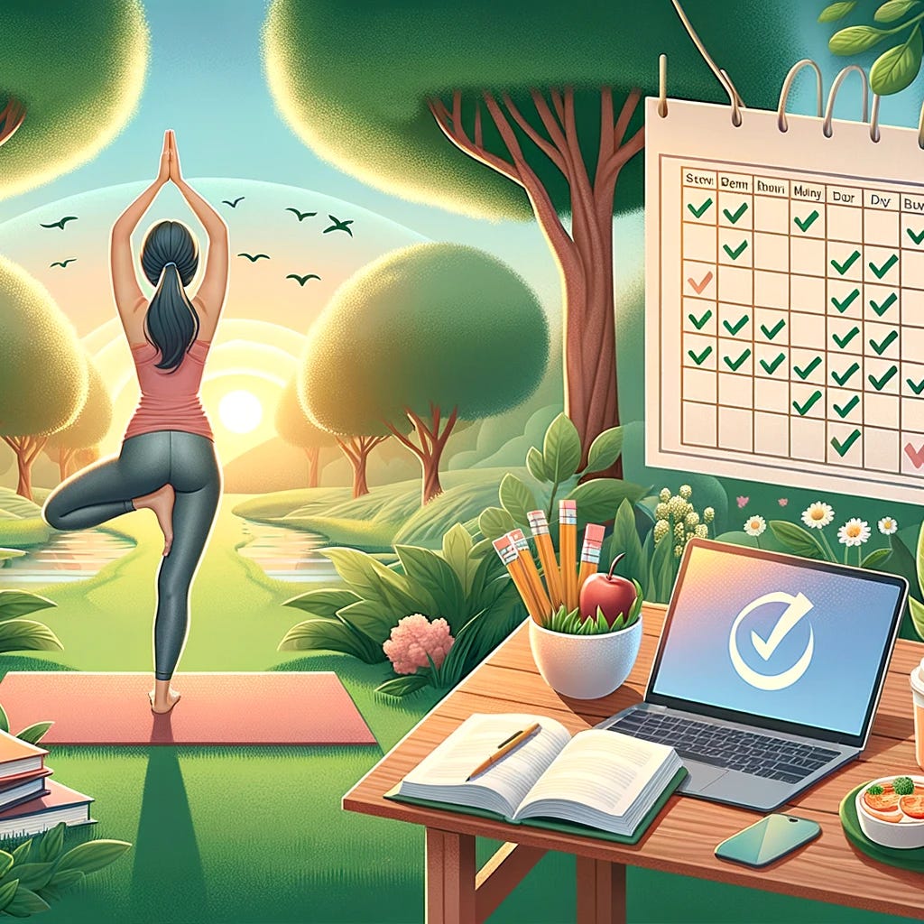A digital illustration representing the concept of good habits. The image features a young woman practicing yoga in a serene park at sunrise, symbolizing physical wellness. Beside her, a neatly organized work desk with books, a laptop, and a healthy snack, representing productivity and healthy eating. In the background, a calendar with check marks on each day, symbolizing consistency and discipline in maintaining routines. The setting is peaceful, with lush greenery and soft morning light.