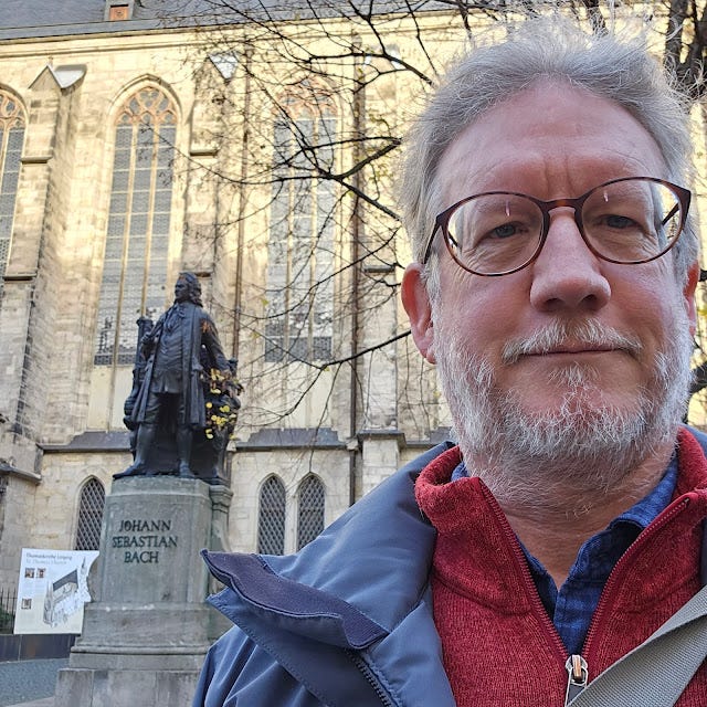 Selfie in front of the statue of JS Bach, outside the Thomaskirche where he was Cantor