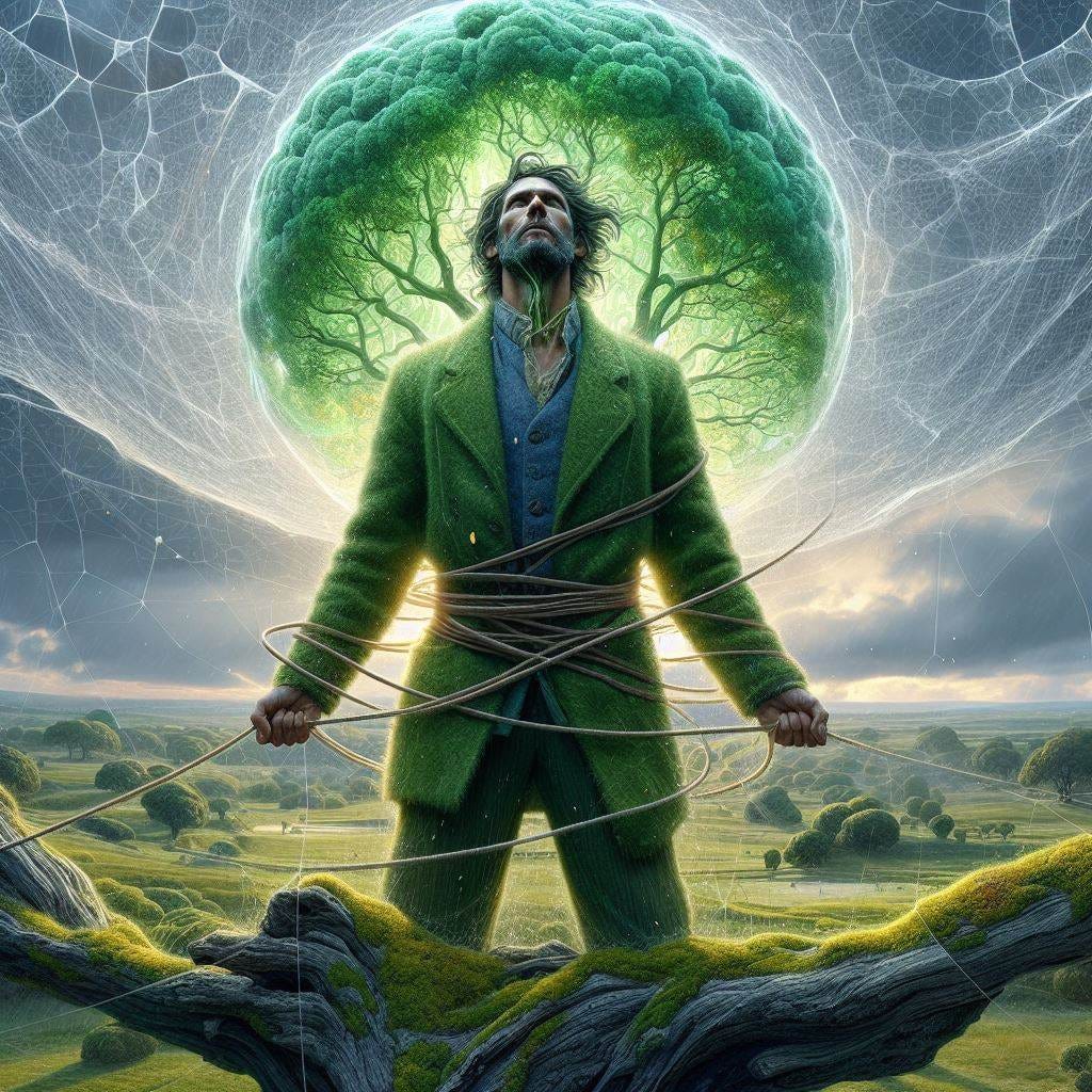 Hyper realistic; Close up heroic man wearing green wool and cotton pants and shirt with chartreus and dark blue becoming one with tree. Border transluscent light.Green Vivianite Specimen and peridot dome over his head.  background land art in the shape of flowers. The sky is made of see through layers of crystal which crack in the foreground and fill the air from top to bottom. It rains ribbons of thread  made of fine silver like spiderweb                             ethereal