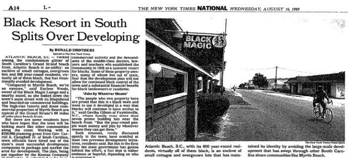 August 16, 1989 New York Times article describing the tensions between year-round residents and property owners around how to develop Atlantic Beach.