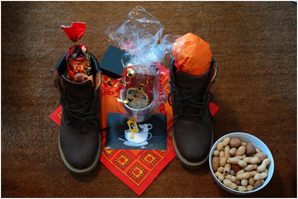 Boots filled with gifts on St. Nicholas Day.