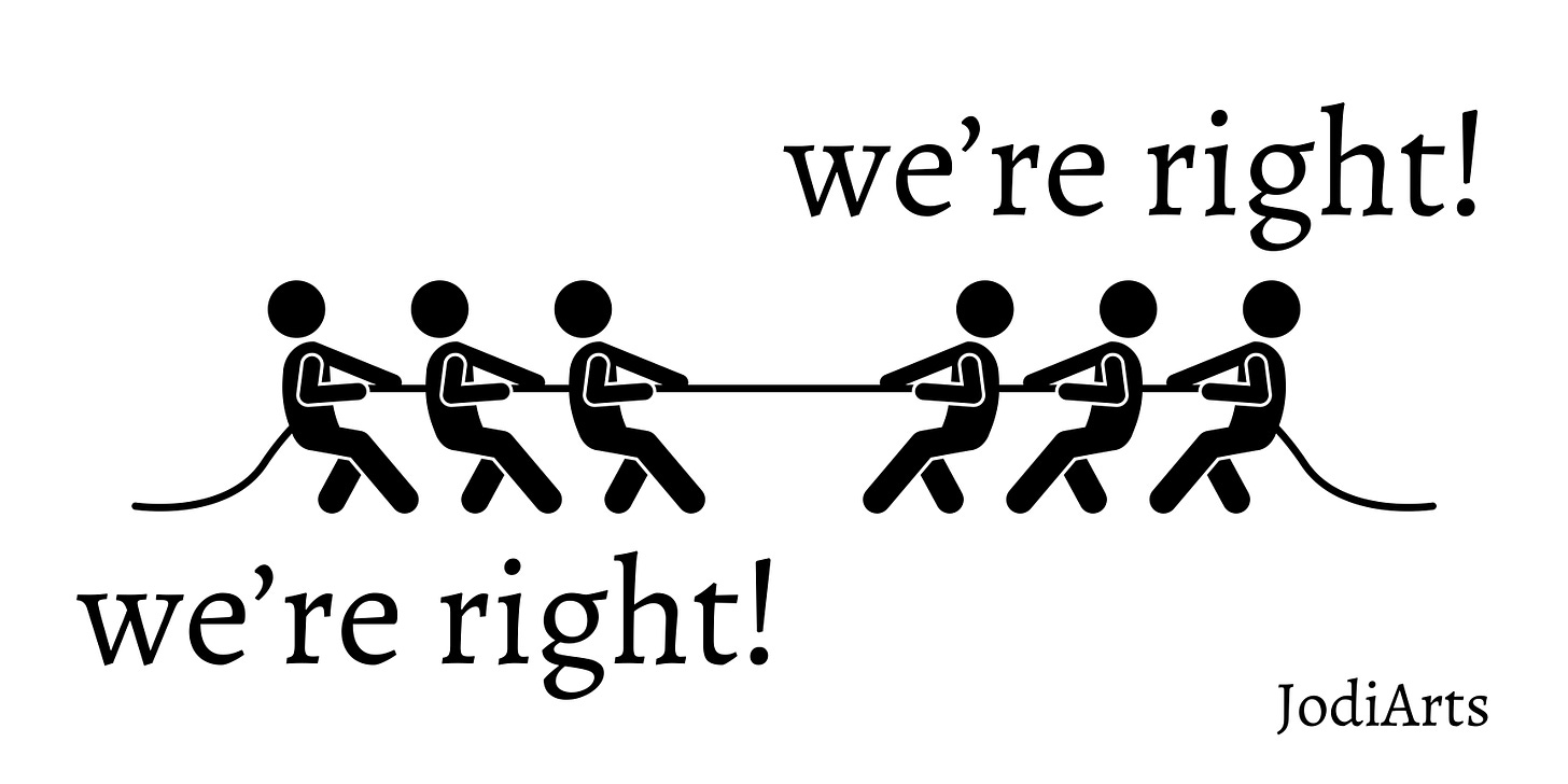 A black image on a white background. Stick figures play tug of war. There are 3 figures on either side of the rope. Below the figures on the left are the words “we’re right.” The same words are above the figures on the right. The bottom right of the image says “JodiArts”