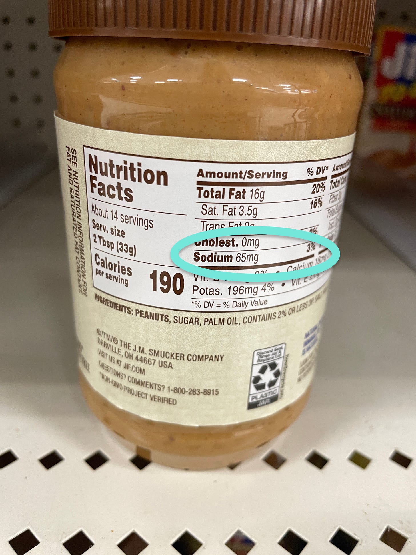 Peanut butter container highlighting sodium