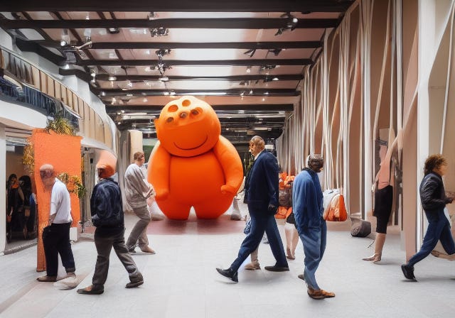 a large orange man walking into an atrium where many cartoon people are talking to each other, generated by Diffusion Bee