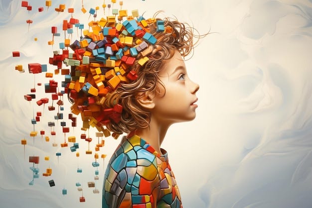 Foto transtorno de déficit de atenção e hiperatividade (tdah) saúde mental criança com peças de quebra-cabeça coloridas