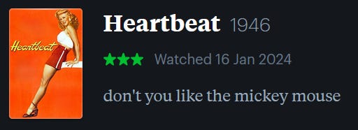 screenshot of LetterBoxd review of Heartbeat, watched January 16, 2024: don’t you like the mickey mouse