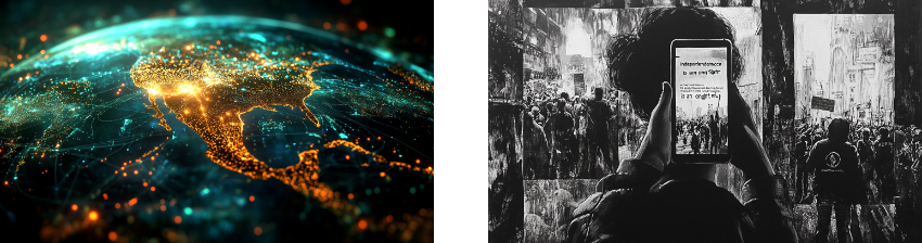 A split image with two contrasting scenes: on the left, a digital illustration of North America at night viewed from space, glowing with vibrant lights and interconnected networks; on the right, a black and white depiction of a crowded protest with a person in the foreground holding up a smartphone, capturing or streaming the scene, symbolizing technology's role in modern activism.