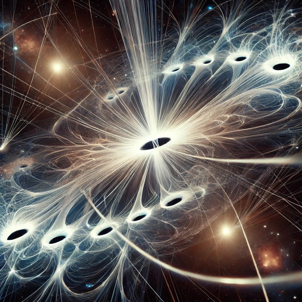 A visualization of the Mirrorverse cosmological framework, featuring threads of light and matter emerging from white holes and being drawn into black holes. The image shows a dynamic, interconnected web of energy and matter, with glowing, radiant white holes as sources and dark, dense black holes as sinks. These threads represent the flow of energy and time across the universe, bending and twisting in a visually stunning way. The background is a deep space scene with stars, galaxies, and nebulae, enhancing the cosmic scale. The overall aesthetic is sleek and artistic, emphasizing the scientific concept of energy flow while being visually captivating.