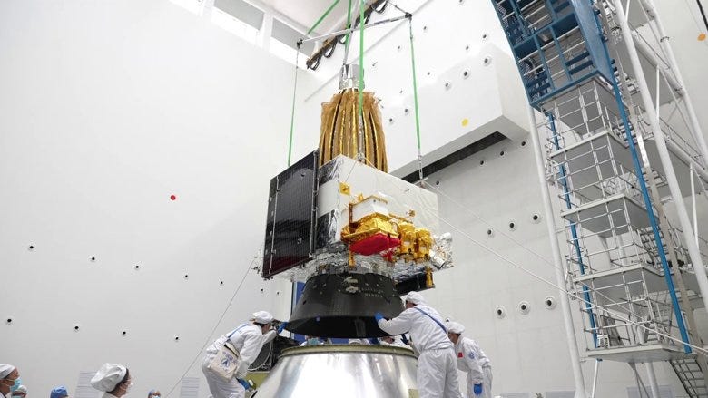 Queqiao-2 being placed on a payload mount prior to encapsulation in the Long March 8's fairing.