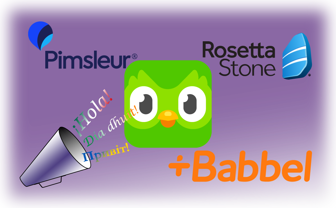 On a purple background are the logos for Pimsleur, Rosetta Stone, Babbel, and Duolingo. In the lower left corner is the site logo of a megaphone saying "Hello!" in Spanish, Irish, and Ukrainian.