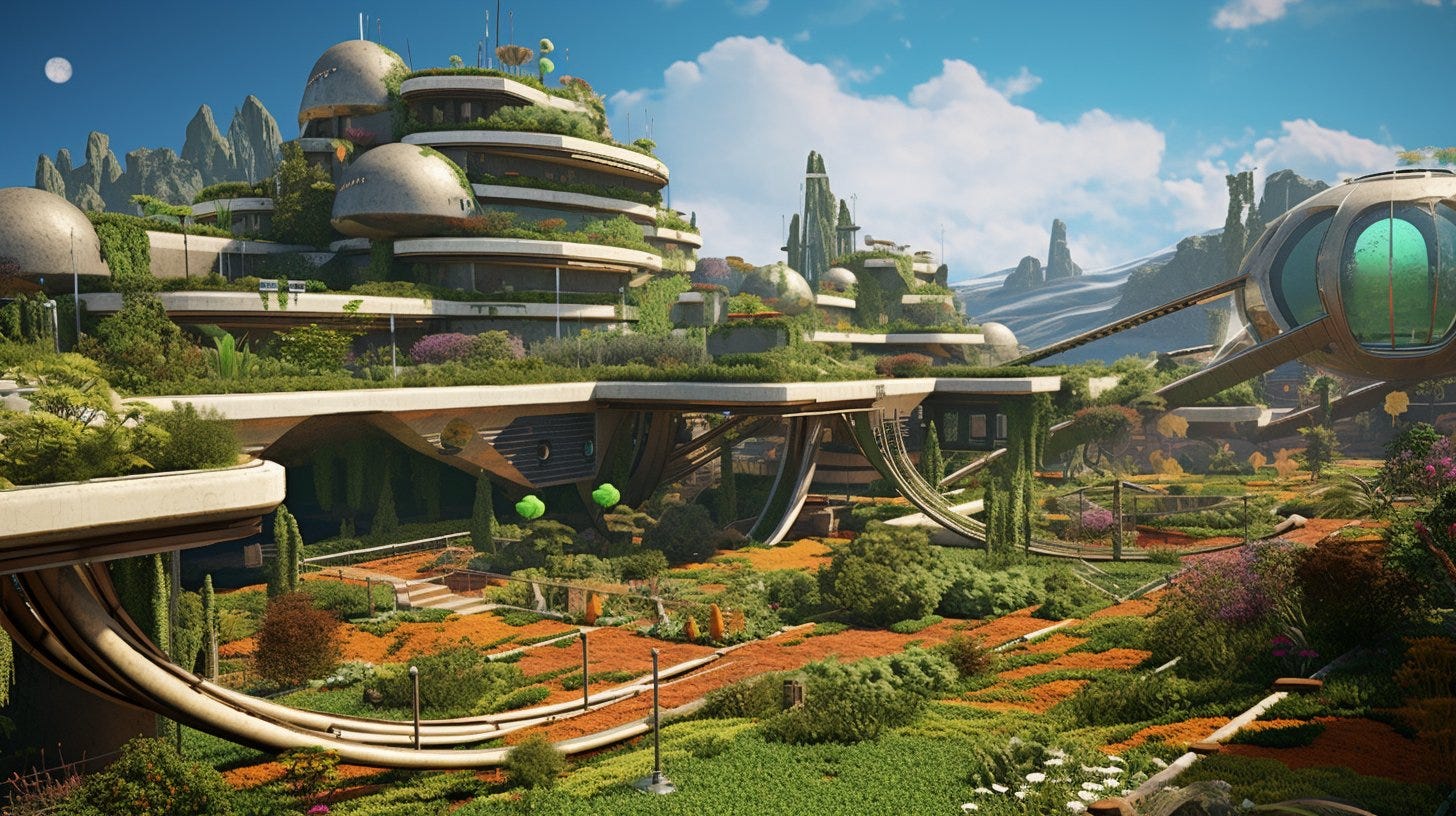 Solarpunk theme, 60-30-10 color rule, rule of thirds. Verdant rooftop gardens (60% in diverse greens), futuristic solar buildings (30% in earthy browns), under a bright sky (10% in dazzling blues). The scene conveys an optimistic, sustainable future. --ar 16:9