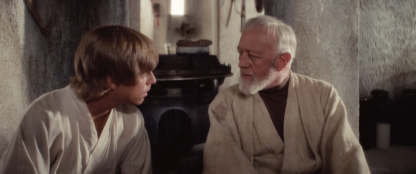 Star Wars: A New Hope. Luke listens as Obi-Wan Kenobi explains what The Force is.