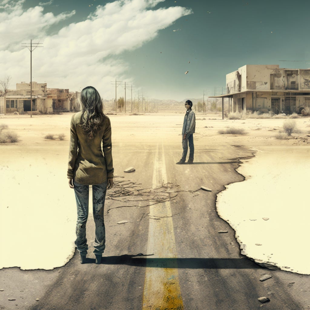 a beautiful woman stands on the cement road in a desolate suburban town that is dry and deserted and in front of the woman lays a man