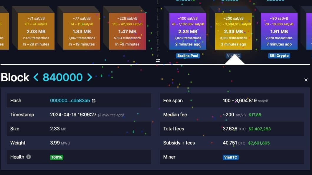 Screenshot from Mempool.space showing block No. 840,000, when the halving occurred (Mempool.space) Screenshot from Mempool.space showing block No. 840,000, when the halving occurred (Mempool.space)