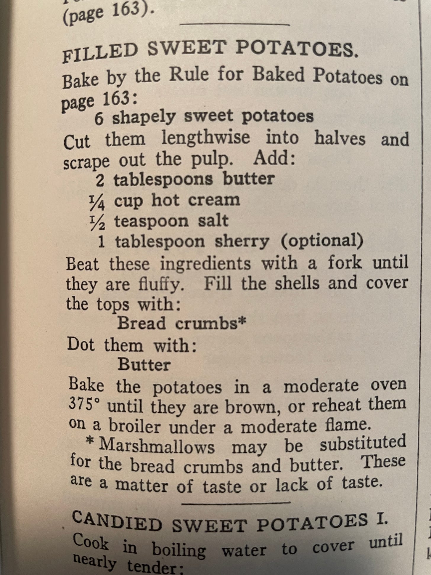 A photo of a recipe from the 1936 Joy of Cooking for "Filled Sweet Potatoes"