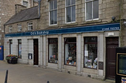 Screengrab from Google Streetview of Orb's Bookshop, Huntly, the only place to stock more than one copy of my rhyming dictionary