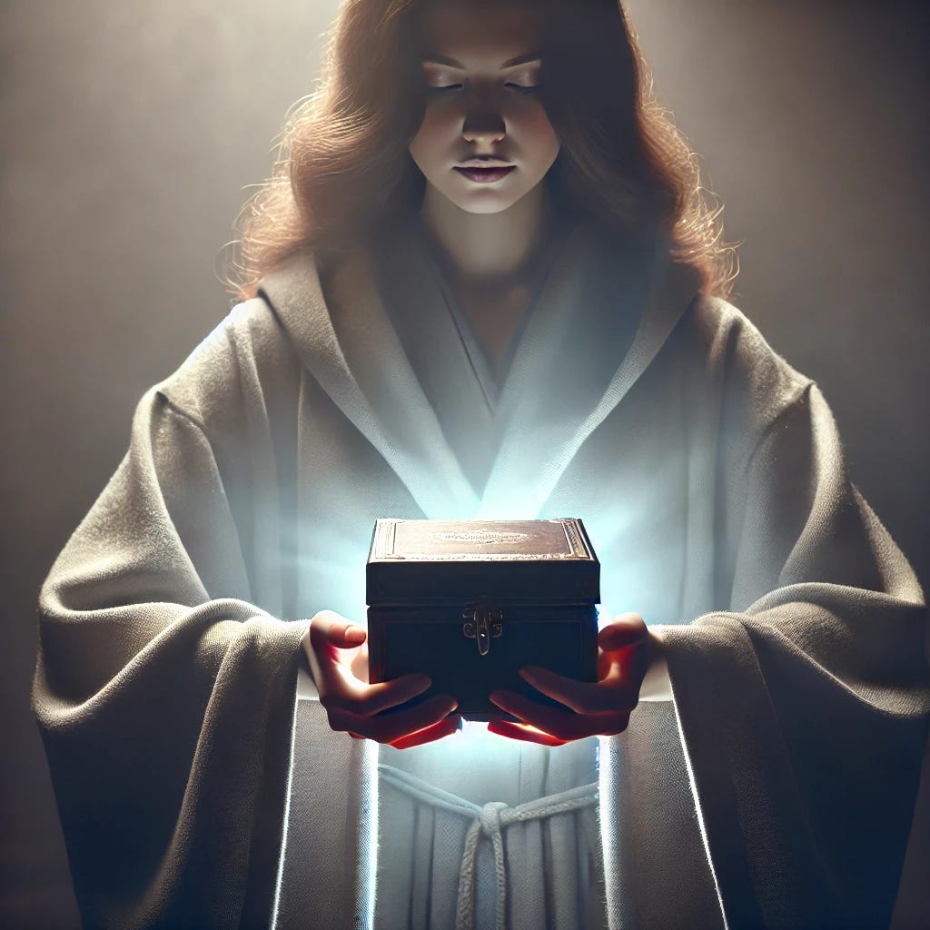 A woman dressed in a flowing grey ceremonial robe stands facing the viewer, her arms extended forward as if offering a mysterious box. The box, cradled gently in her hands, emits a glowing light from within, casting soft, ethereal illumination across her face and robe. The scene is dark and shadowy, with the light from the box as the only source, creating dramatic contrasts and a mystical atmosphere. Her expression is calm and focused, as if performing a sacred ritual, and the background fades into darkness, highlighting the surreal, magical ambiance.