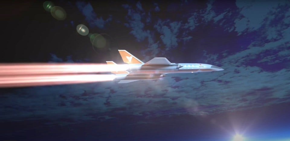 Illustration of a hypersonic jet flying through the sky.