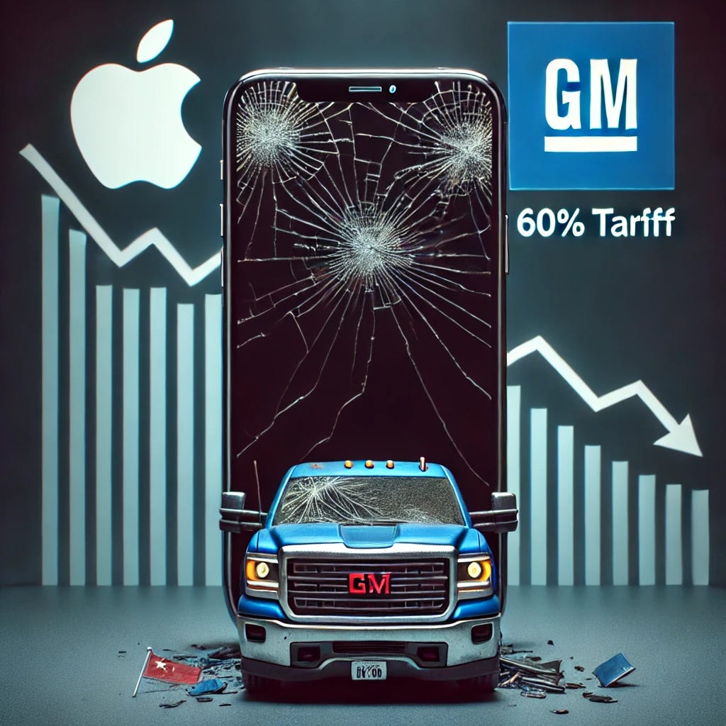 A realistic and simple image with a serious tone symbolizing the impact of Chinese tariffs on Apple and GM. The image should feature a cracked iPhone screen with the Apple logo and a severely damaged truck with the GM logo, showing dents, cracks, and broken parts. In the background, include a Chinese flag and a correctly spelled '60% Tariff' sign. The overall color scheme should be dark blue and black, emphasizing the financial and supply chain challenges. A downward-trending stock market graph should subtly appear in the background.