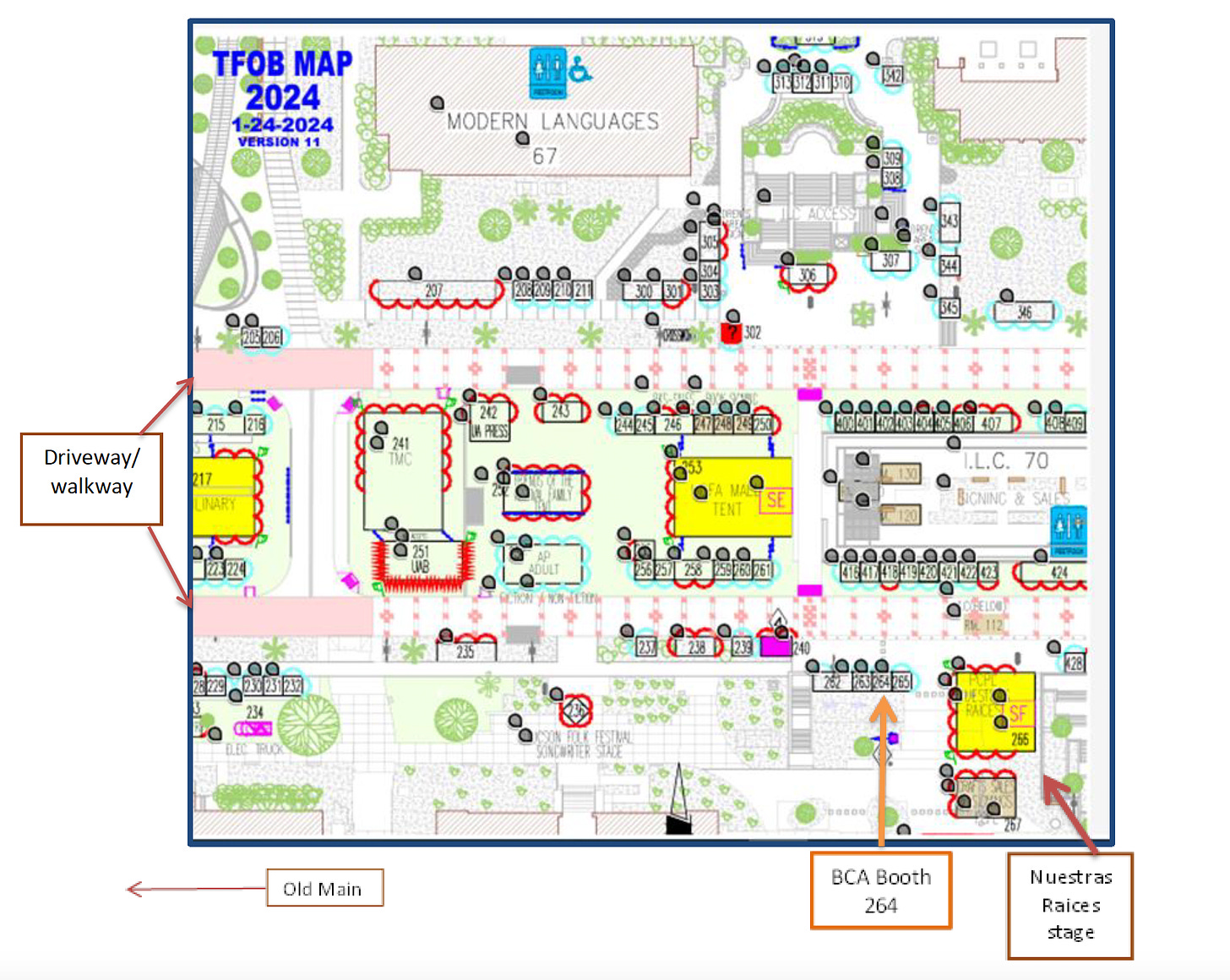 Map of the Tucson Festival books panel location and signing area.