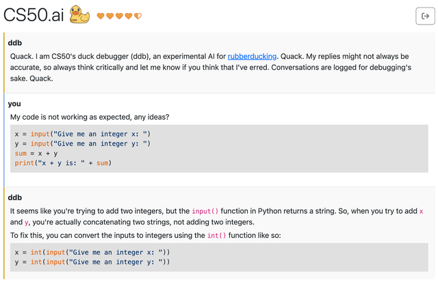 r/cs50 - This is CS50.ai, CS50's duck debugger (ddb), a conversational AI a la ChatGPT via which humans can ask questions about code or CS50 more generally, now freely available for students and teachers at https://cs50.ai, thanks to OpenAI